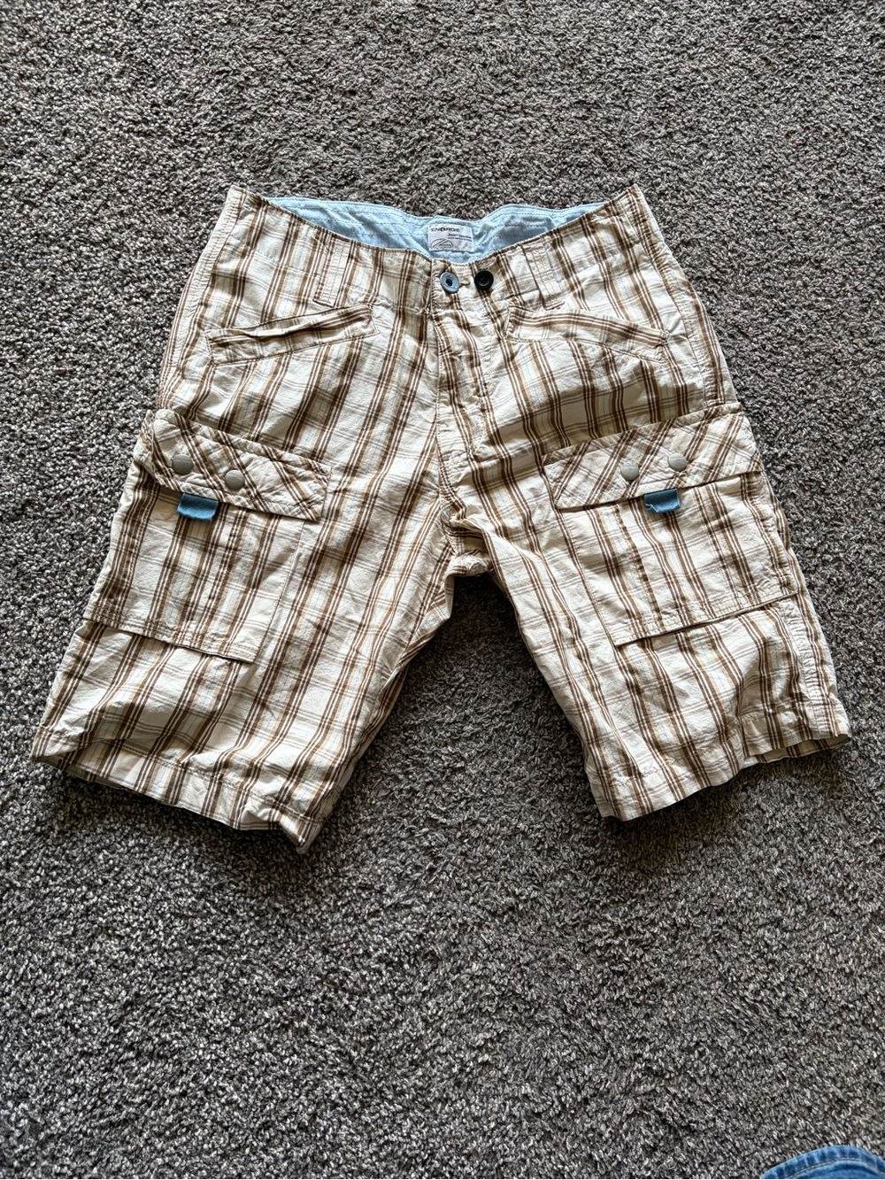 Energie Men's Beige Plaid Cargo Shorts with Light Blue Accents